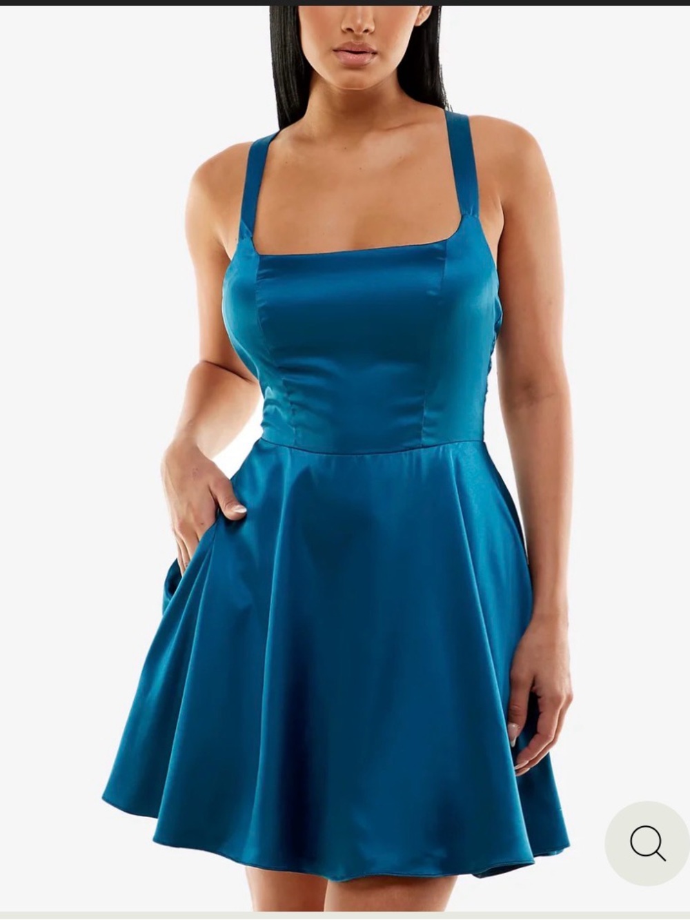 B Darlin Teal Satin Mini Dress with Square Neck
